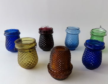 Grouping of 7 fairy lamp candle holders, hobnail patterns in various colors, the largest 4"H x 2