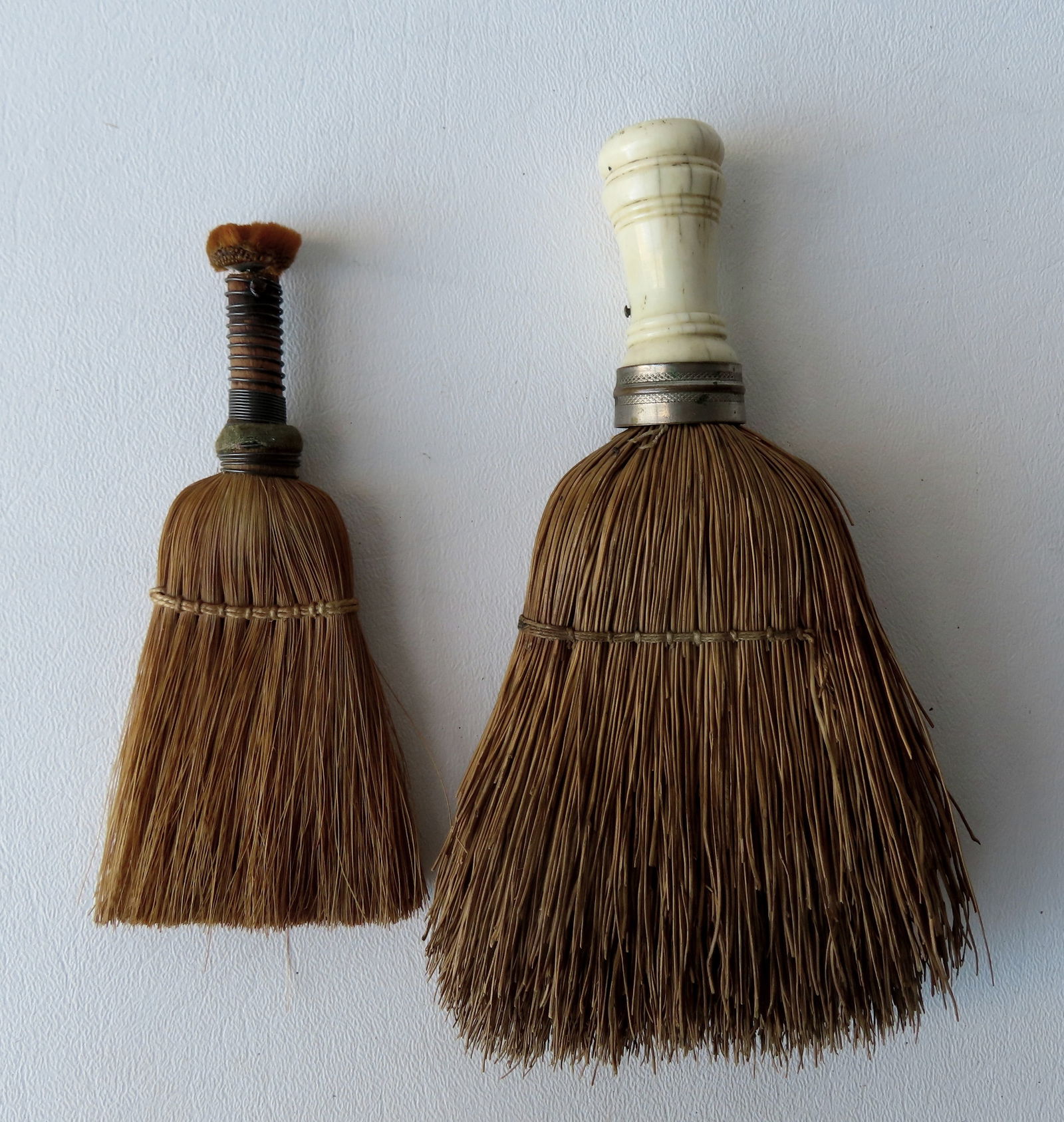 Two hand made whisk brooms. One with whalebone handle, mid to late 19th century - 7"L x 3 3/4"W - (1 of 3)