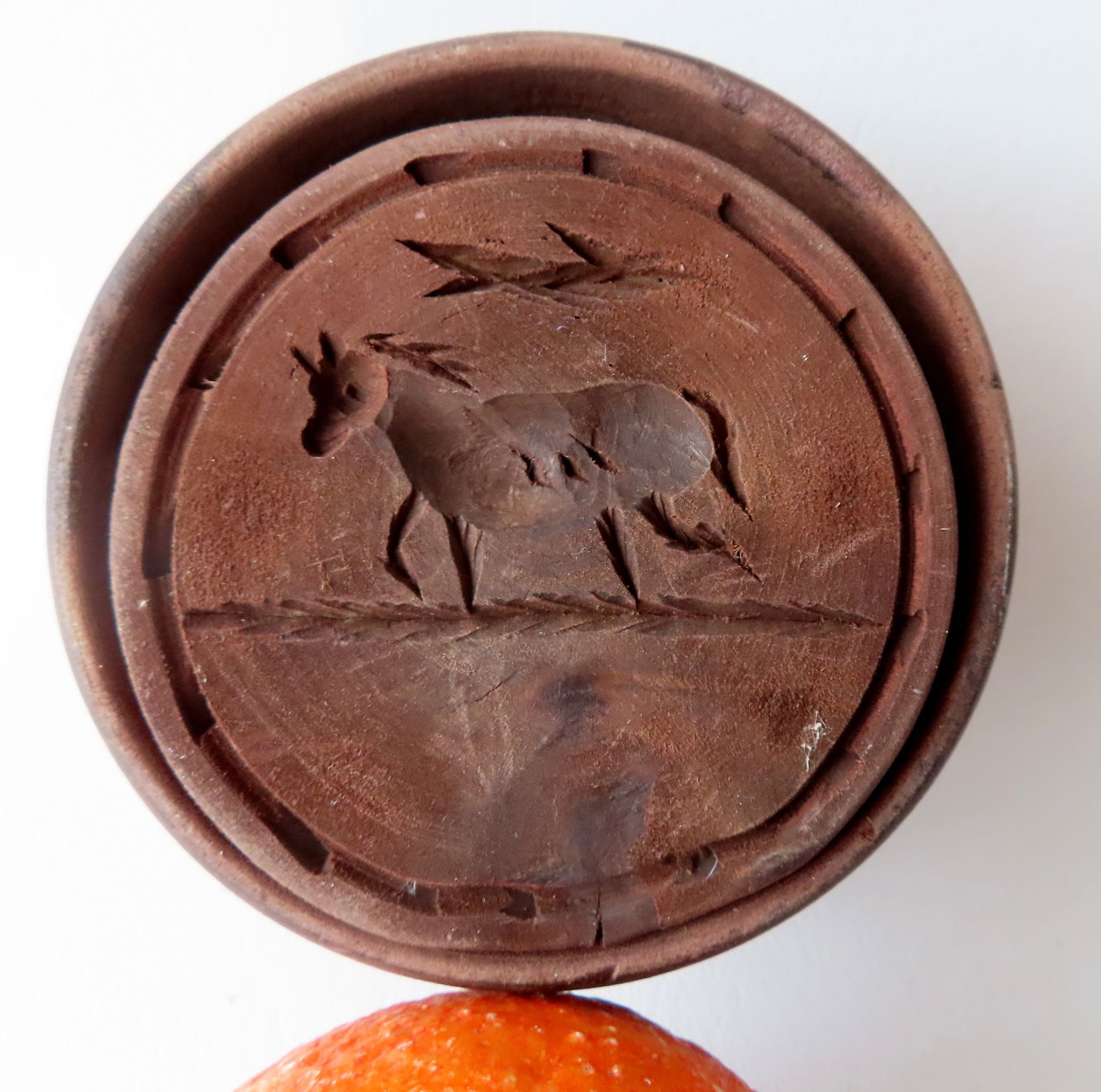 An unusual butter pat of a running horse, 19th century, very good condition. Measures 4 1/2"H x 3 (1 of 5)