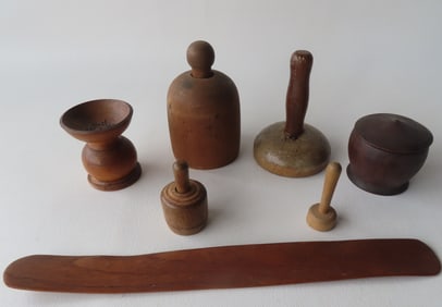 Grouping of 5 redware fruit and vegetable banks in original paint, 19th century. Includes an apple,