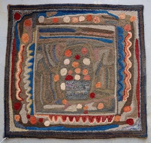 Folk art pictorial hooked rug with a central image of a basket of lollipop shaped flowers, late 20th