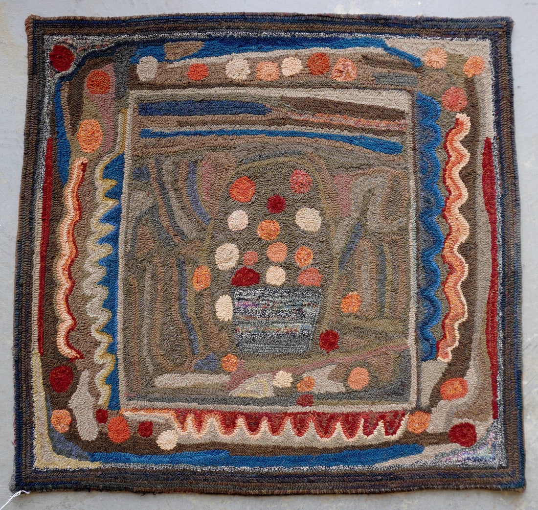 Folk art pictorial hooked rug with a central image of a basket of lollipop shaped flowers, late 20th (1 of 5)