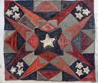 Folk art pictorial hooked rug with a central pattern of a large star, with small stars in the center