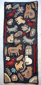A Magdalena Briner style pictorial hooked rug decorated with various animals and flowers with fans