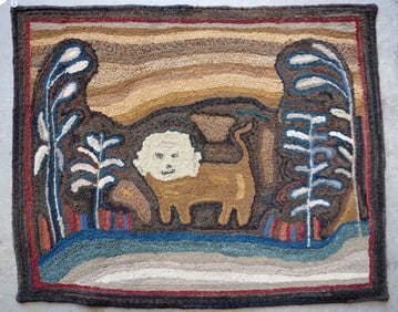 Folk art pictorial hooked rug decorated with a central image of a stylized standing lion flanked by