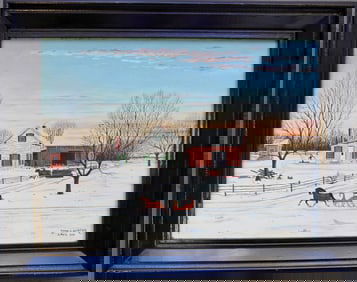 O/B Folk art farm scene with farmhouse, barn, horse drawn sled and oxen pulling wood sled. Signed
