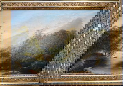 O/C Primitive mountain landscape with lake and sailboat, 19th century, housed in original gilt gesso