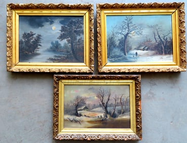 Three 19th century primitive landscapes paintings on artist board, 2 winter scenes and 1 moonlight