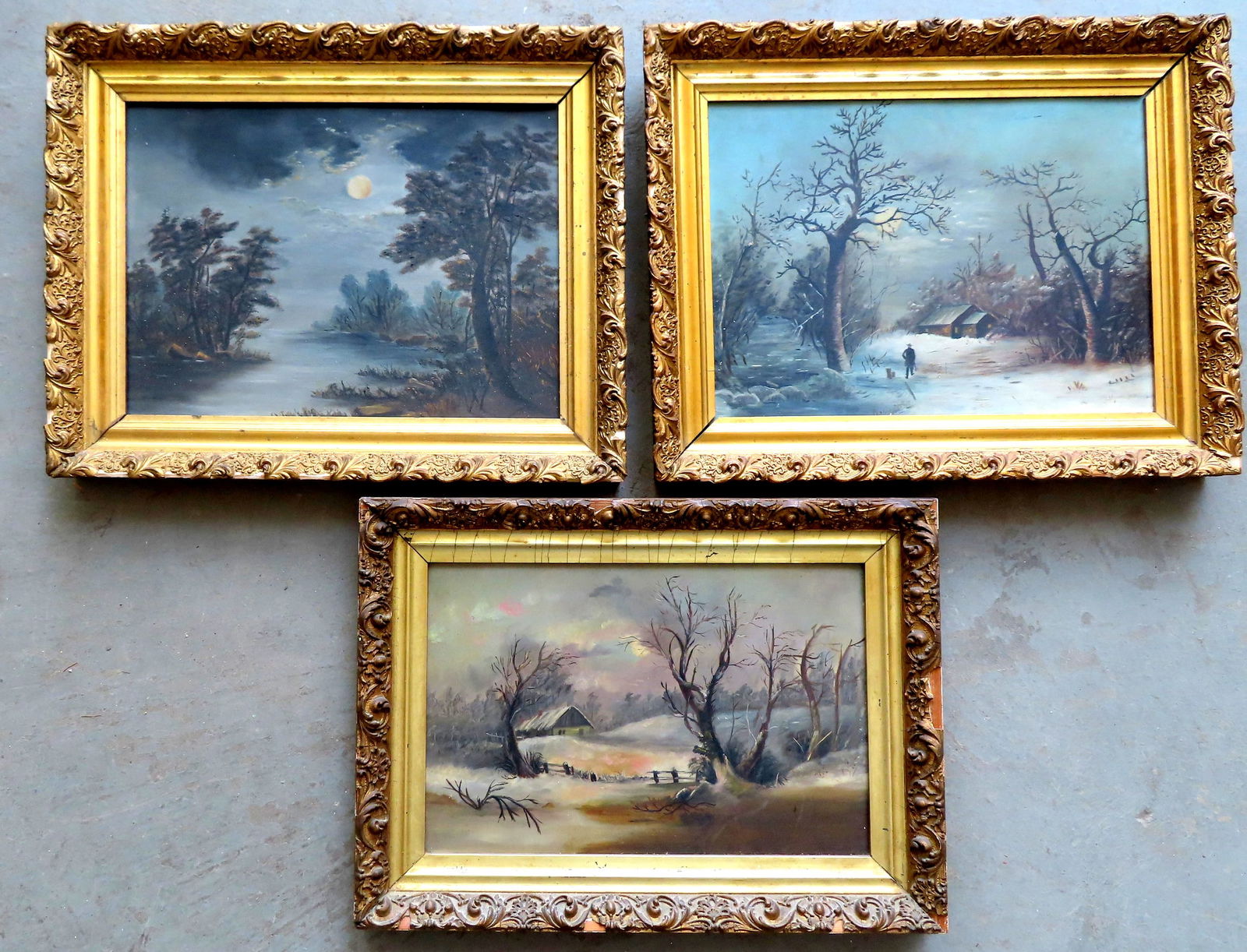 Three 19th century primitive landscapes paintings on artist board, 2 winter scenes and 1 moonlight (1 of 4)