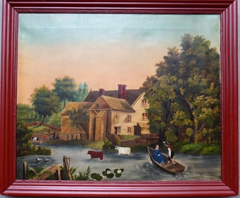 O/C Farm genre scene with farmhouse in background bordering stream with cows, children playing, and