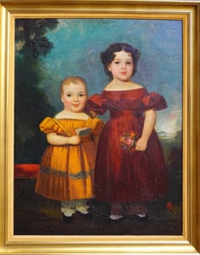 Large folk art O/C Portrait of 2 sister, the smaller child wearing a yellow dress and holding a