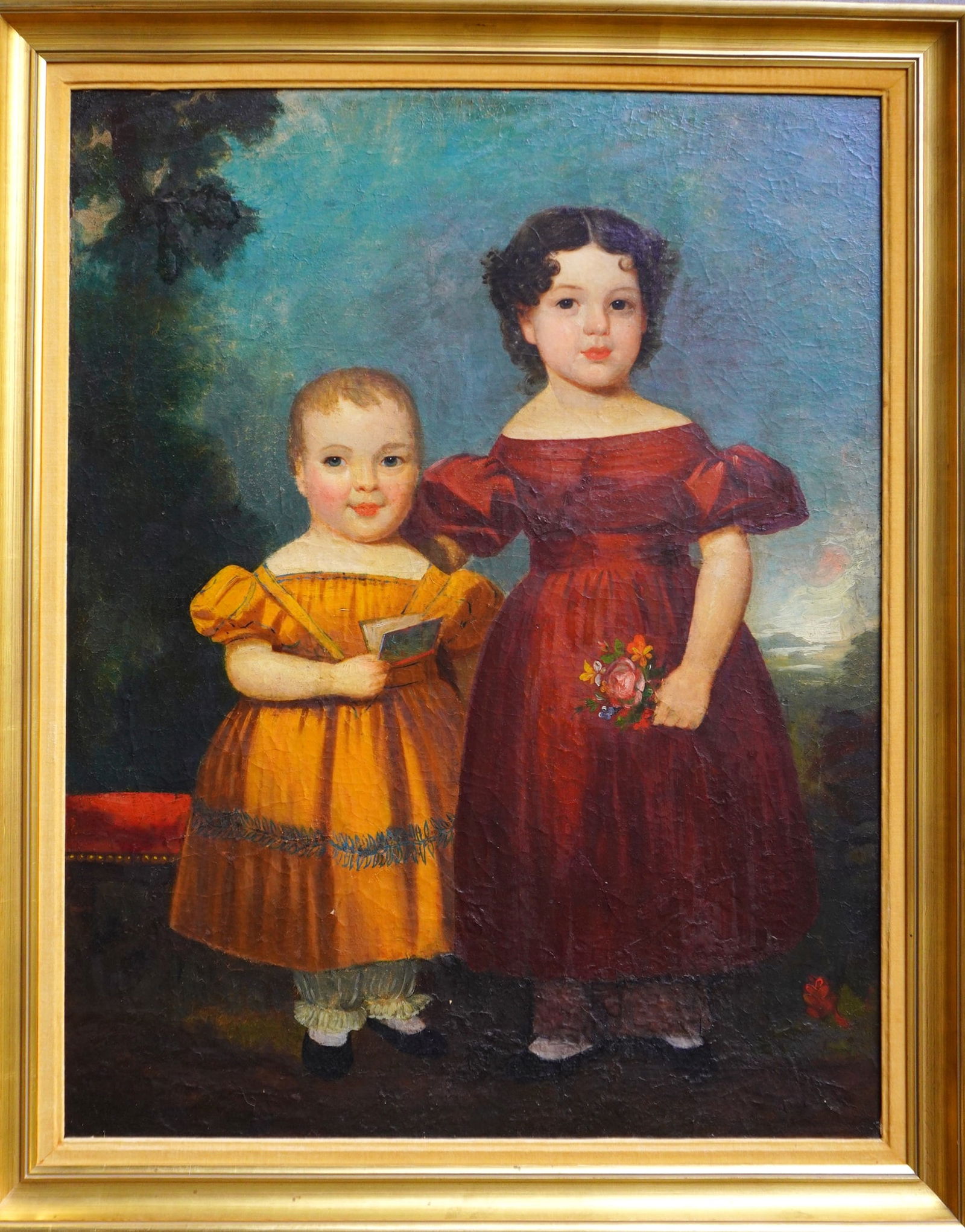 Large folk art O/C Portrait of 2 sister, the smaller child wearing a yellow dress and holding a (1 of 10)