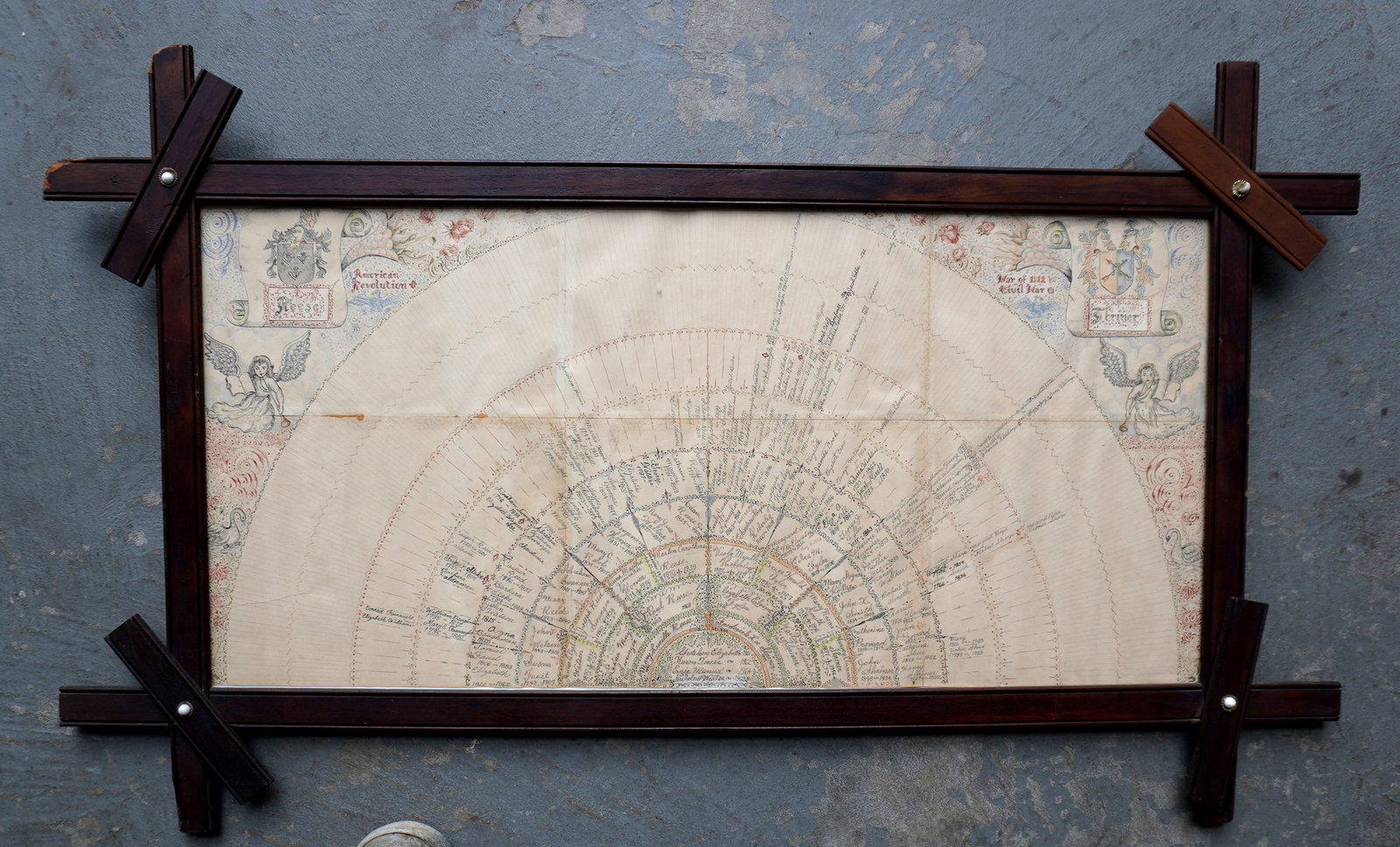 A framed family tree in watercolor and pen an ink, showing lineage of Reese and Shriner families -: A framed family tree in watercolor and pen an ink, showing lineage of Reese and Shriner families - entries starting in 1969 to the 18th century - Framed and in very good condition. Measures 43"L x 25 