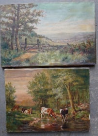 Two O/C Landscapes, one with cows in stream, signed illegibly, circa 1900. Both unframed and in good