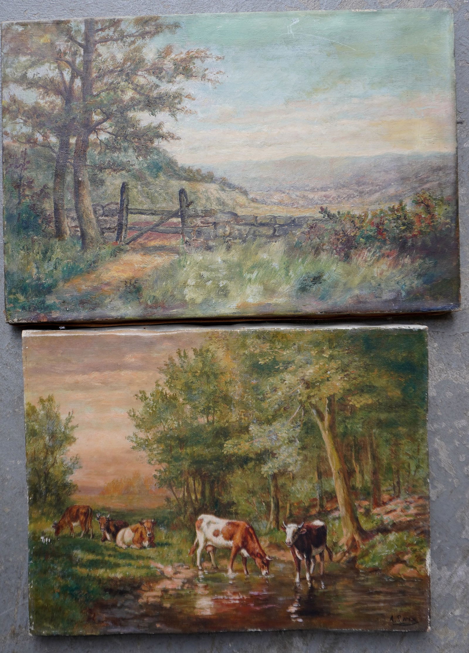 Two O/C Landscapes, one with cows in stream, signed illegibly, circa 1900. Both unframed and in good (1 of 7)