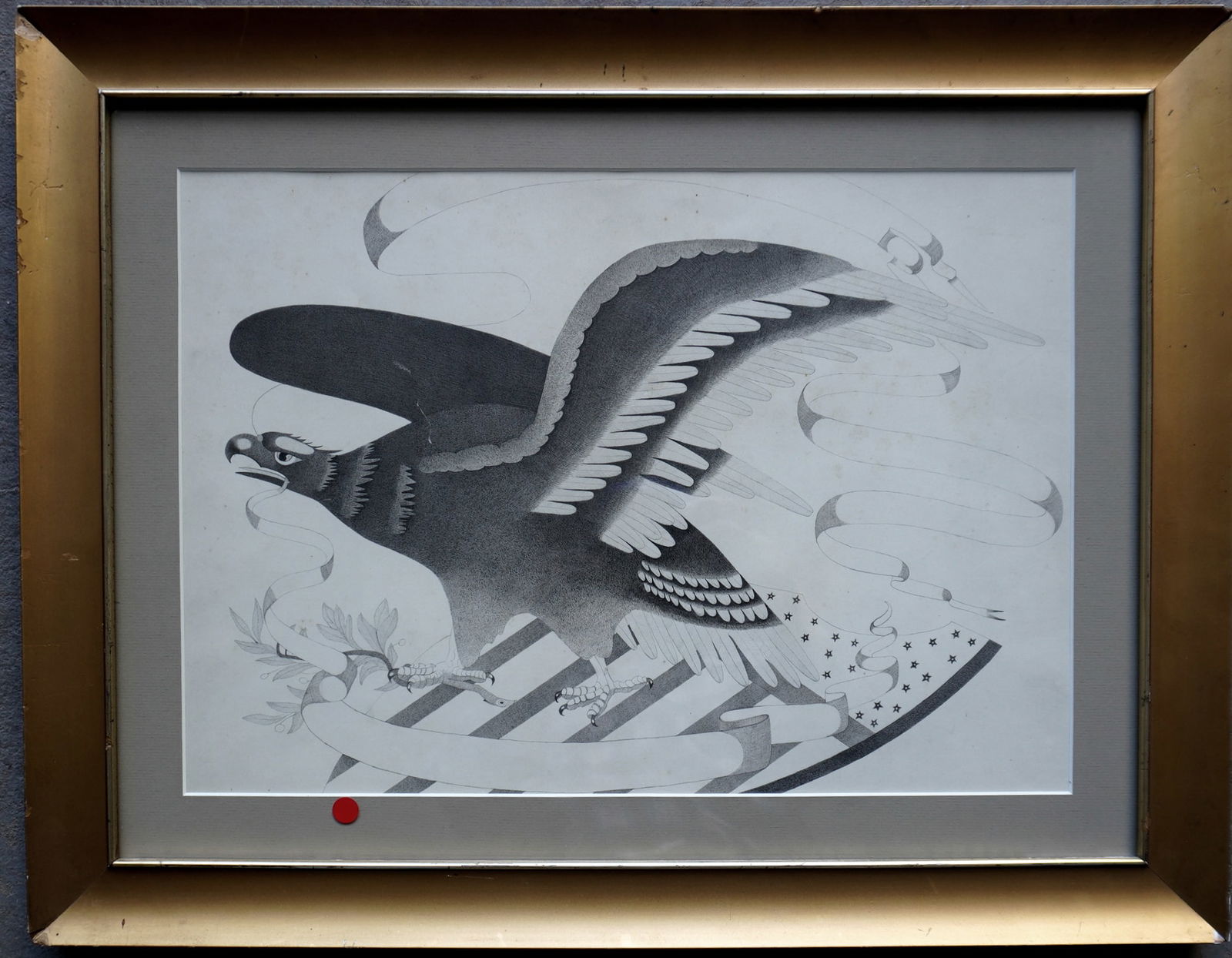 A framed drawing, appears to be pen and ink, depicting a spread wing American eagle holding olive (1 of 3)