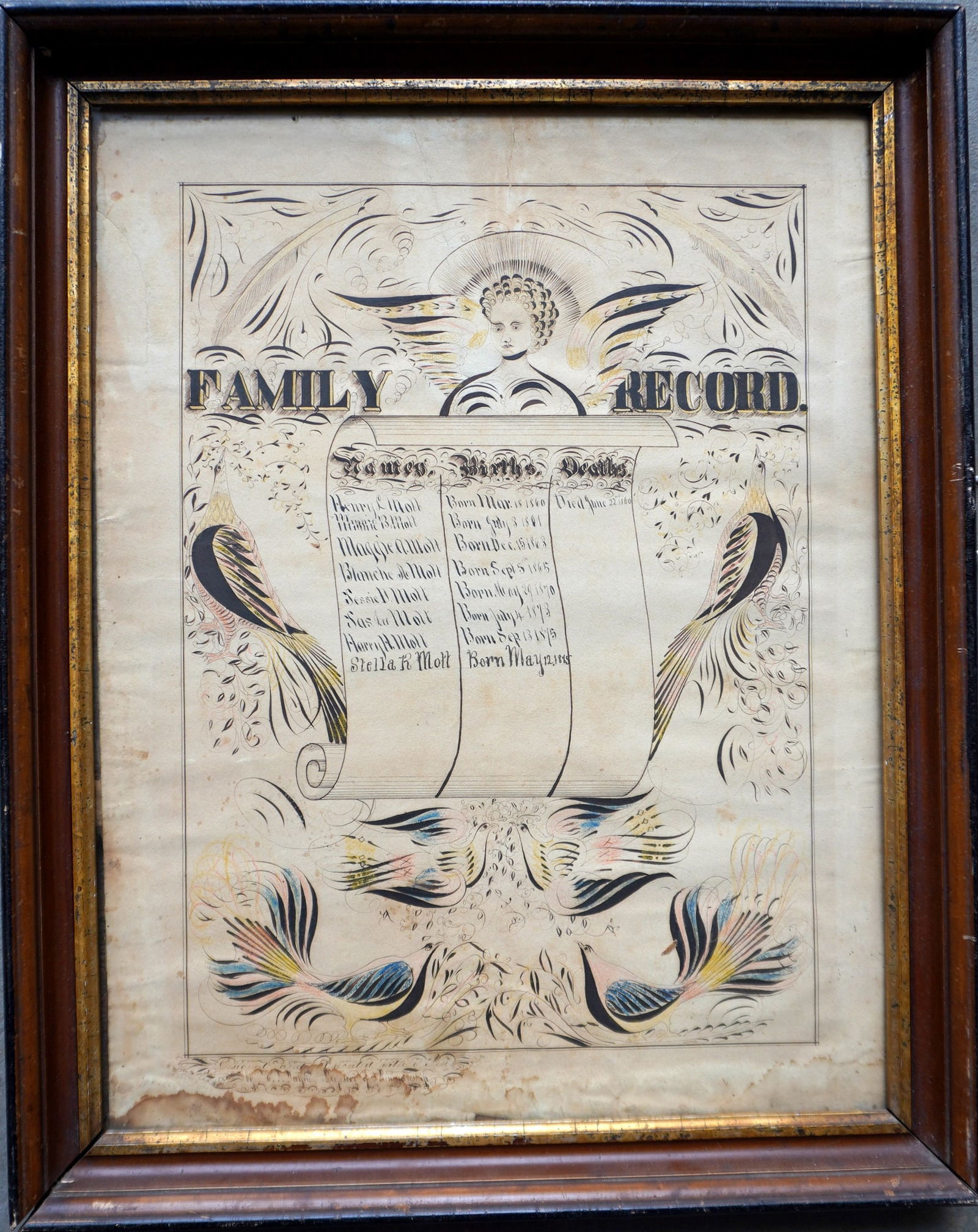 An exceptional W/C calligraphy describing the "Family Record" for the Mott family with entries 1860: An exceptional W/C calligraphy describing the "Family Record" for the Mott family with entries 1860 to 1885 and with watercolor of an angel above scroll with family information, surrounded by watercol