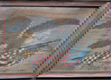 A hand colored Civil War era hand colored print on linen of an eagle holding an American flag in its