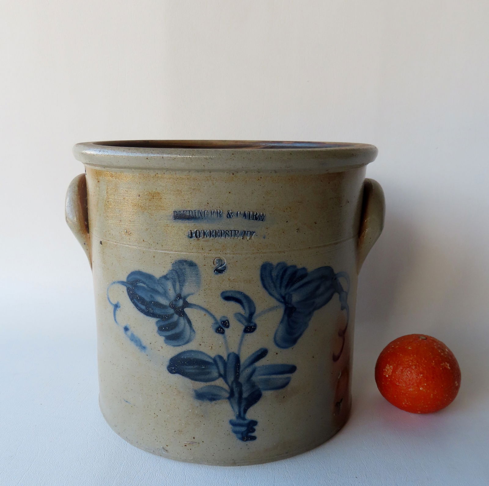 Stoneware crock signed Riedinger & Caire Po'keepsie NY, 2 gallon, decorated with a cobalt blue (1 of 6)