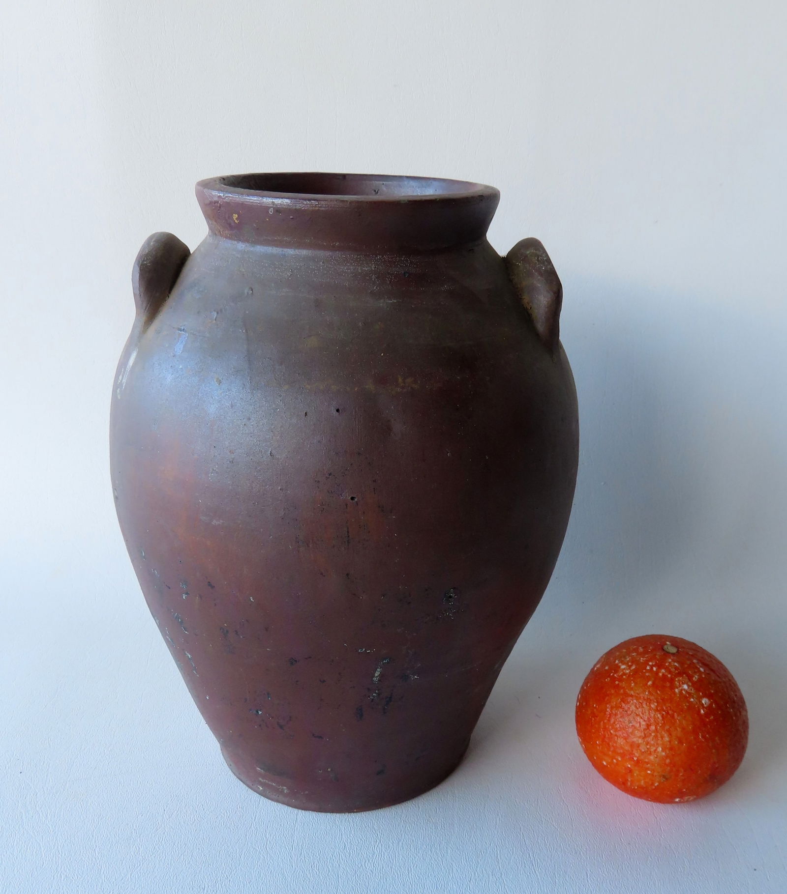 Redware ovoid jar, probably 1 gallon size with flared collar, remnants of old paint on sides, (1 of 5)