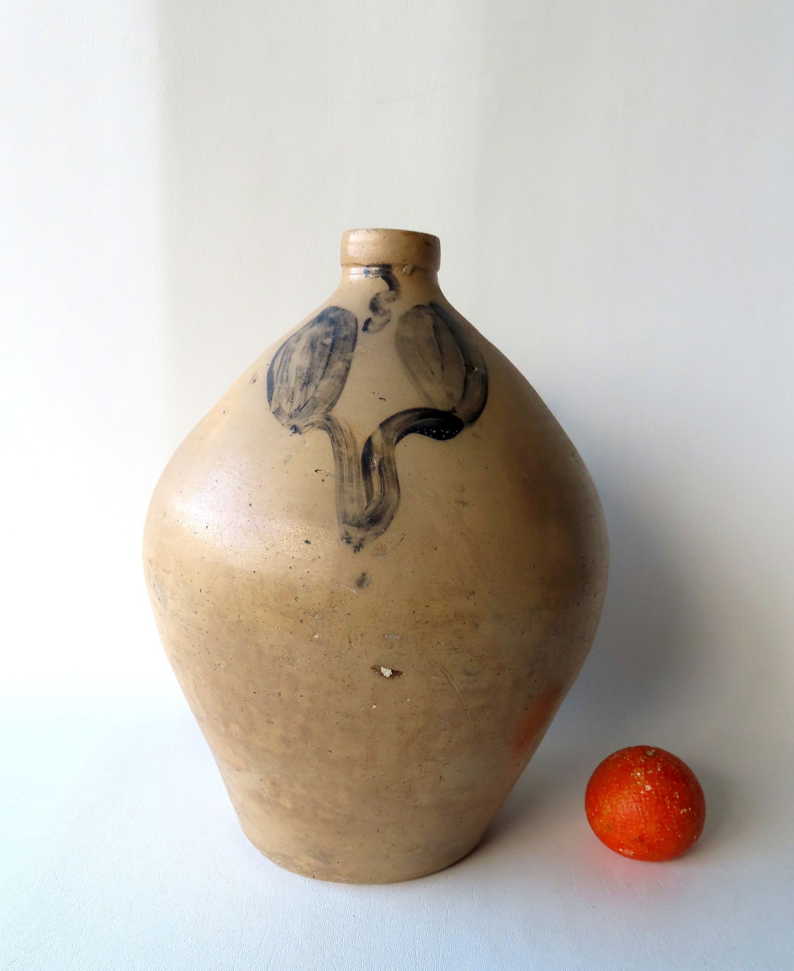 Large stoneware ovoid jug decorated with a cobalt blue flower, 3 gallon size, with tooled handle (1 of 7)