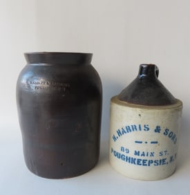 Two Poughkeepsie stoneware pieces including: "Mabbet & Anthone / Po'keepsie N.Y." pantry jar with
