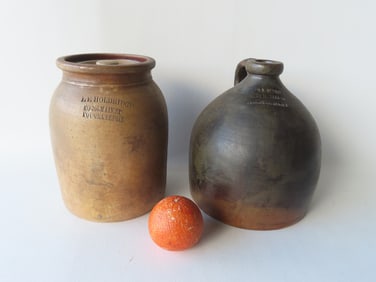Two Poughkeepsie country store stoneware pieces including:  "Geo. L. Dennis No. 347 Main St..