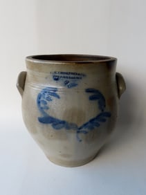 Stoneware ovoid crock, marked "C.W. Thompson & Co. / Poughkeepsie", 2 gallon, with applied ears,