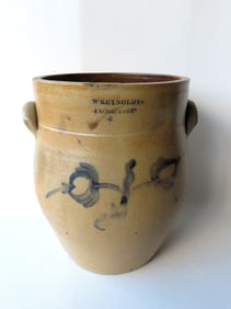 Stoneware slightly ovoid crock marked "W. Reynolds", Po'Keepsie", 4 gallon, high collar, applied