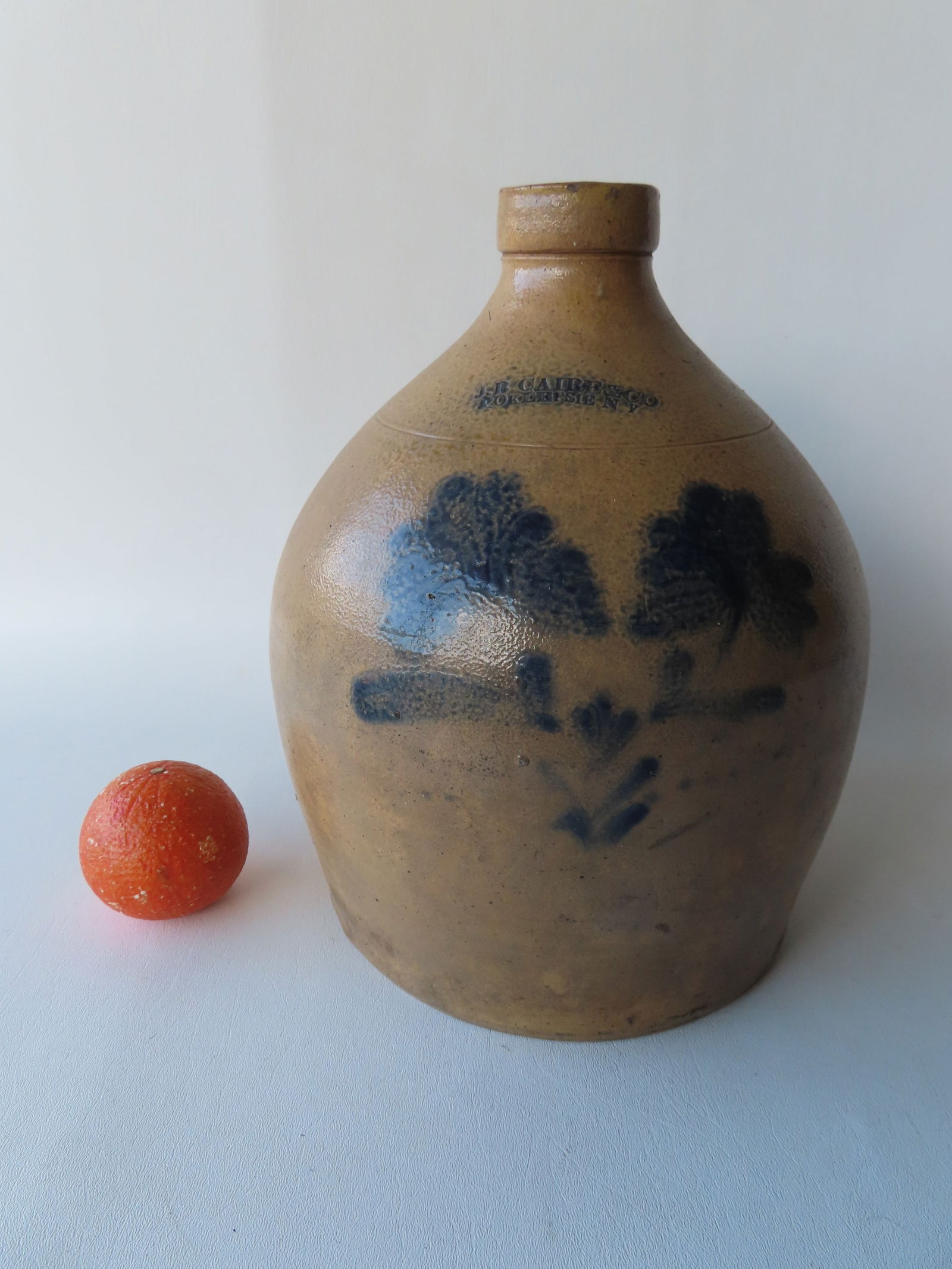 Stoneware ovoid jug marked " J.B. Caire & Co. / PoKeepsie N.Y." decorated with a cobalt blue double (1 of 7)