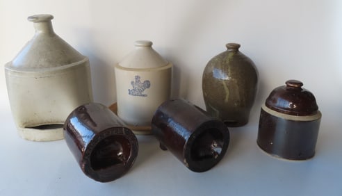 Grouping of 6 stoneware and redware chicken feeders/waterer including: 2 chicken fountains with