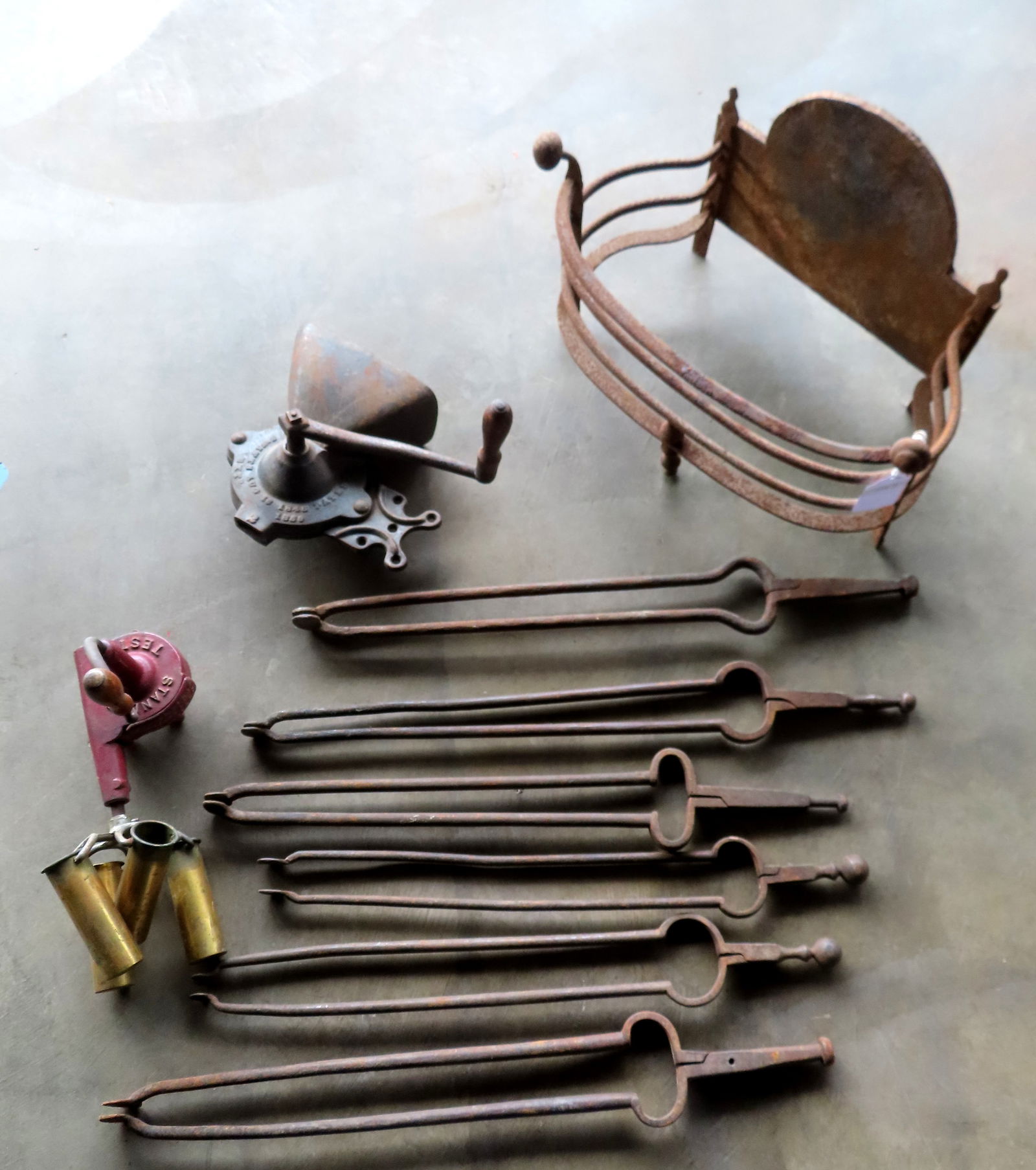 Grouping of country items including: A cream tester with 4 cylinders, hand cranked signed "Standard (1 of 12)