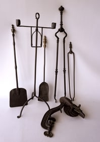 Grouping of 6 country hearth items including: 4 early fireplace tools, some hand forged 18th/19th