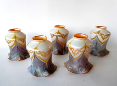 Five vintage Quezal iridescent art glass lamp shades, each signed, and in very good condition