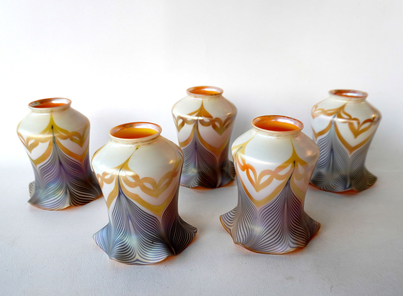 Five vintage Quezal iridescent art glass lamp shades, each signed, and in very good condition (1 of 17)