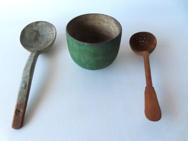 Three pieces of country treenware including: Hand carved and painted wooden butter spoon decorated