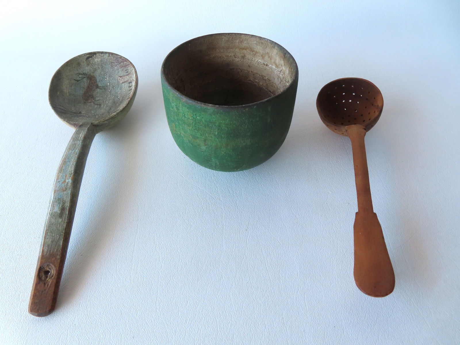 Three pieces of country treenware including: Hand carved and painted wooden butter spoon decorated (1 of 12)