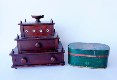 A Shaker sewing box and a small Scandinavian oval pantry box in original paint. The sewing box with