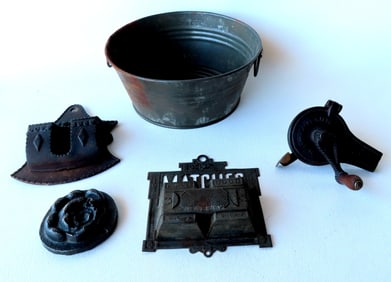Grouping of country metal collectibles, most 19th century, including: A cast iron wall mounted match