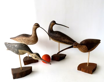 Four shorebird decoys signed WEK (William E. Kirkpatrick, Hudson Massachusetts, b.1939), one dated