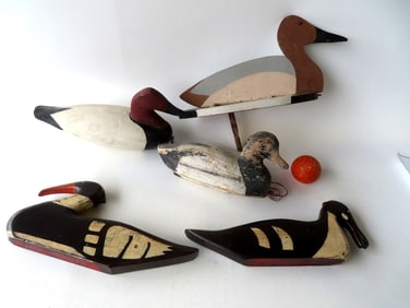 Five modern decoys, including 2 silhouette decoys signed Jeff Raymond, one hand made decoy in