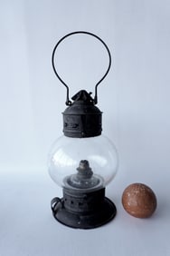 An onion lamp signed "NE Glass / Patented Oct. 24, 1854" - the interior oil lamp may be a