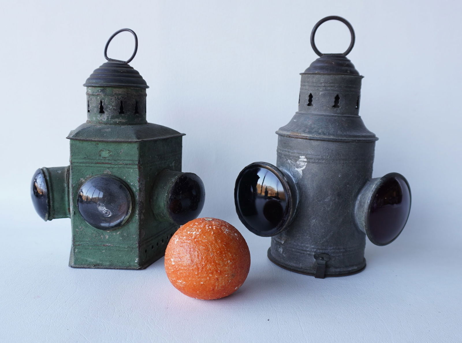 Two marine lamps, 19th century, one with red, blue and colorless bullseye lenses - missing interior (1 of 16)