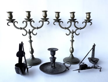 Grouping of early lighting devices including 2 Betty lamps with original hand forged iron hangers -