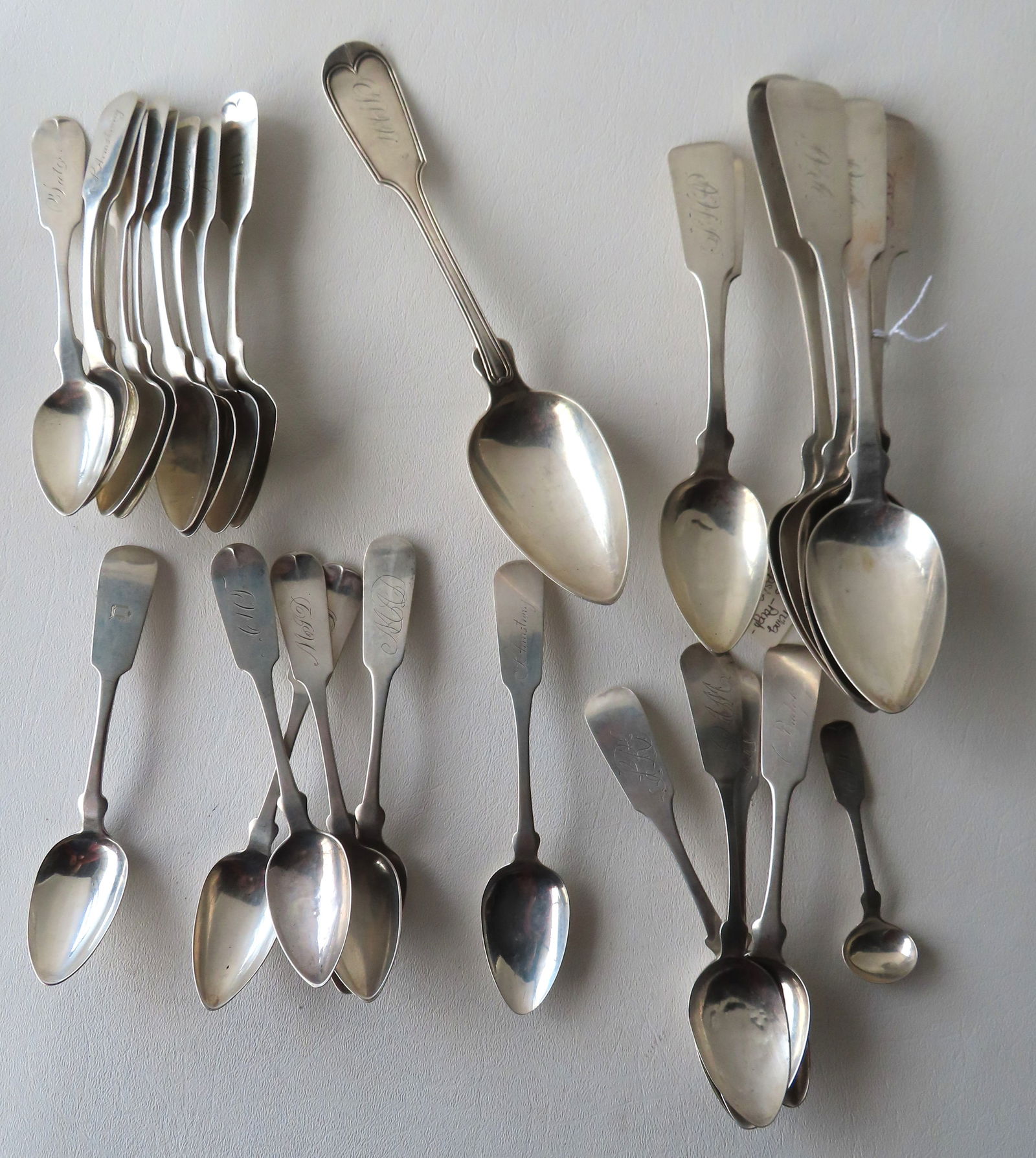 Grouping of 26 Poughkeepsie NY coin silver dinner spoons and teaspoons including: 22 signed W.S. (1 of 13)