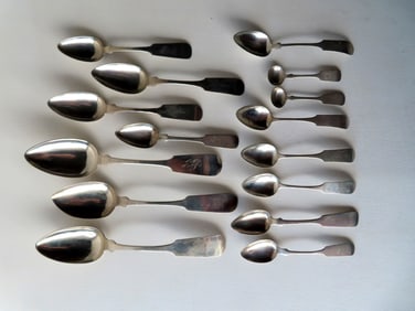 Grouping of 15 Poughkeepsie NY coin silver dinner spoons, teaspoons and salt spoons, signed E.P