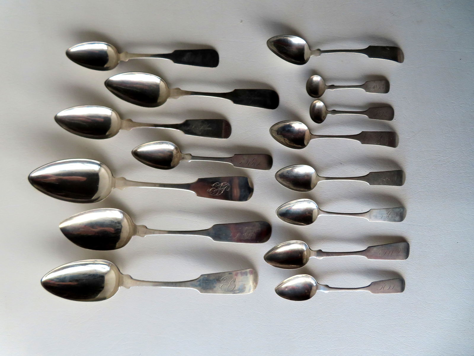 Grouping of 15 Poughkeepsie NY coin silver dinner spoons, teaspoons and salt spoons, signed E.P (1 of 7)