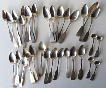 Grouping of 33 Poughkeepsie NY coin silver teaspoons and salt spoons by various Poughkeepsie