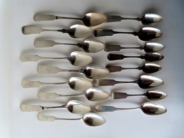 Grouping of 17 Dutchess County NY coin silver dinner spoons by various makers including John Bedford