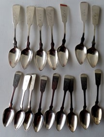 Grouping of 16 coin silver teaspoons including 7 signed "Sterling / C.E. Butler / Hudson", and 9 not
